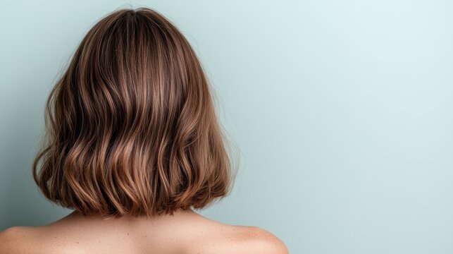 This image captures the rear view of a person with wavy bob-cut brown hair, standing against a pale green background, emphasizing the natural texture and style of the hair.