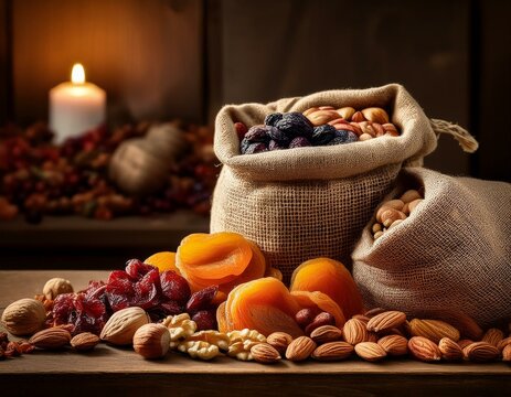 Assortiment de fruits secs et de noix - Une nature morte rustique et d&eacute;taill&eacute;e de divers fruits secs et de noix s'&eacute;chappant de sacs en toile de jute, &eacute;voquant un sentiment d'abondance naturelle