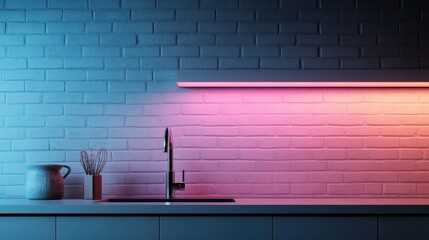 A stylish kitchen counter is set against a brick wall backdrop, featuring a faucet and utensils, bathed in a modern mix of blue and pink lighting that enhances its contemporary feel.