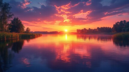 Obraz premium sunset reflecting on a tranquil river bathed in warm hues of orange and pink creating a serene and peaceful atmosphere ideal for relaxation