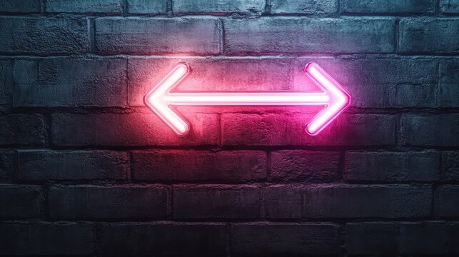 Vibrant pink neon arrows pointing in both directions adorn a dark brick wall, creating a striking visual contrast and vibrant urban aesthetic in the image.