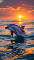 Fototapeta premium A stunning image of a dolphin leaping through ocean waves at sunset, capturing the beauty and elegance of marine life in a vibrant, colorful setting.