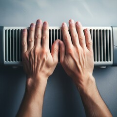 mains d'un homme posées sur un chauffage un jour de froid illustration ia