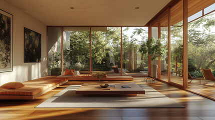 Fototapeta premium A peaceful zen living room with an open floor plan, natural wood tones, and minimal decoration. Large windows allow natural light to flood the space, creating a calming ambiance