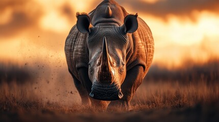 A powerful image of a charging rhinoceros during the golden hour, with dust rising, capturing the raw strength and ferocity of wildlife in its natural habitat.