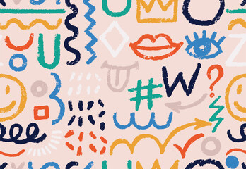 Seamless pattern Brush various abstract shapes, thick lines set. Curved geometric thick brush, squares, dots. Grunge colored circles, style graffiti eps shapes. Bold vector with geometric figures.