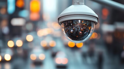 A security camera mounted above a bustling urban scene with blurred traffic and lights, capturing the movement and activity of a modern city environment.