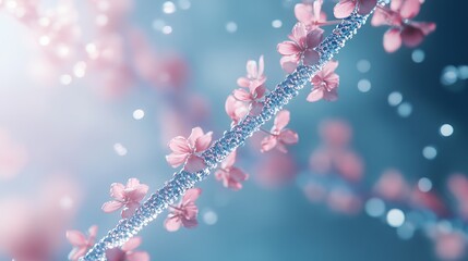 DNA Helix Adorned with Pink Flowers on Blue Background. AI generated illustration