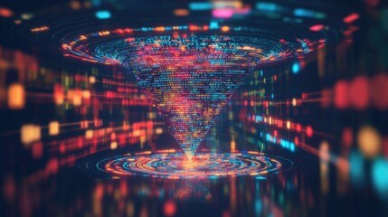 Abstract representation of a funnel capturing online data and refining it into structured information.