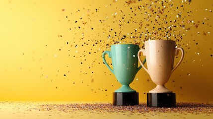 Two vibrant trophies, one teal and one beige, displayed with an explosion of confetti against a vibrant yellow background, symbolizing celebration and achievement.