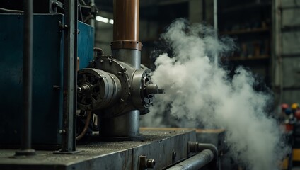 Close-up of industrial machinery creating vapor in a workshop.