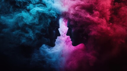 An abstract image portraying two faces outlined by colored smoke, one with blue and the other with pink hues. The faces are confronting each other, representing conflict and contrast.