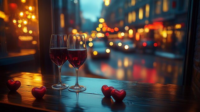 Two wineglasses with red wine on a romantic setting with hearts on a romantic date or Valentines Day