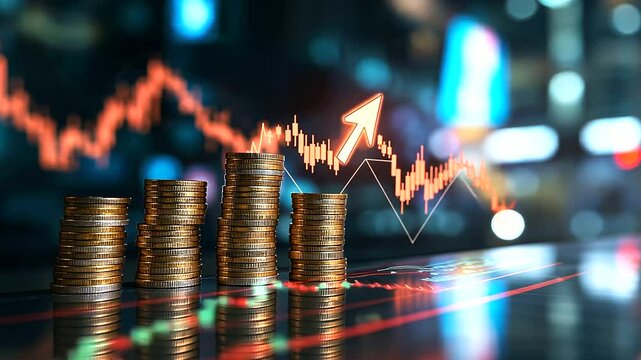 An up arrow formed from stacks of golden coins, set against a blurred stock market background, symbolizing financial growth and prosperity