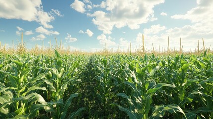 Fototapeta premium A vast field filled with tall corn plants. This is a large-scale corn farm, showcasing how agriculture works on a big level.