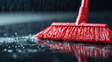 A close-up shot of a red broom sweeping a wet floor during heavy rainfall, capturing the intricate details of water droplets on the bristles and reflections on the wet surface.