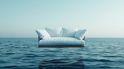 A plush white sofa appears to levitate above a tranquil sea, creating an ethereal atmosphere that blends comfort with fantasy to elevate your interior decor.