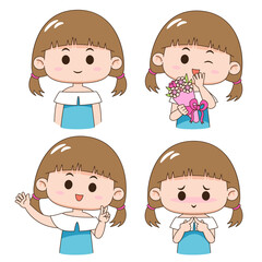 cute cartoon girl in four different poses, showing various expressions and actions. Perfect for emotive and kid-friendly content. Vector illustrations.
