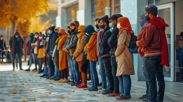The emigrant problem. Diverse group in masks lined up outside, some with face shields. Ready for health services with bags, long wait implied. Fall setting with fallen leaves.