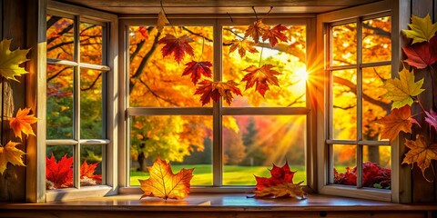 A Cozy Autumn Scene Featuring Colorful Leaves Framing a Window with Warm Light Glowing Inside