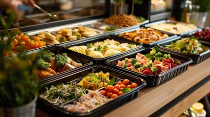 Obraz premium A diverse buffet table with 10 dishes, featuring veggies, appetizers, main courses, and desserts. Inviting array for healthy and indulgent tastes, no text, with visible hands.