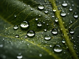 Close-up of water droplets on a green leaf.
