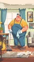 Fototapeta premium A man in yellow T-shirt and blue overalls happily sweeps a cluttered living room with pastel green walls, a couch, dining table, bookcase, and clock.