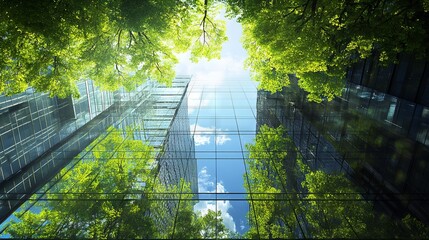 Reflection of Green Forest and Blue Sky on Glass Walls of Modern Buildings in Spring. AI generated illustration