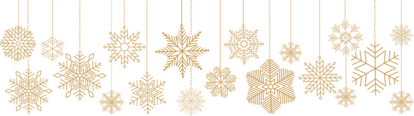 Snowflake seamless border. Golden glitter background with falling glitter confetti and  snowflakes. Simple hanging golden christmas snowflake seamless border . Christmas background.