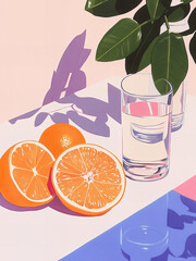 Still life, Citrus, Water, Healthy lifestyle, Bouquet of flowers in a vase Wall art, Acrylic poster, Esthetics, Delicate soft tones