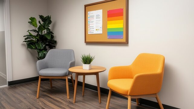 Office break room featuring a bulletin board with LGBTQ support resources and events   supportive workplace, LGBTQ resources