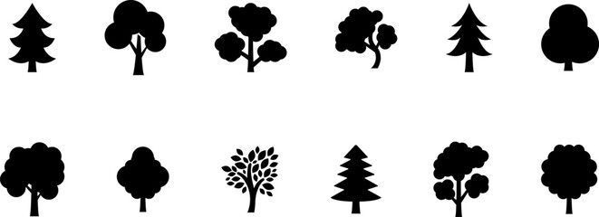 The Trees with the Most Vibrant Fall Leaf Colors. Tree icon, simple silhouettes. Forest. Flat trees set, pines, spruces, conifers and deciduous trees. Autumn Leafs isolated vector illustration.
