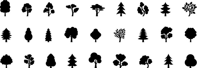 The Trees with the Most Vibrant Fall Leaf Colors. Tree icon, simple silhouettes. Forest. Flat trees set, pines, spruces, conifers and deciduous trees. Autumn Leafs isolated vector illustration.