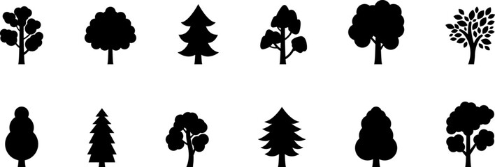 The Trees with the Most Vibrant Fall Leaf Colors. Tree icon, simple silhouettes. Forest. Flat trees set, pines, spruces, conifers and deciduous trees. Autumn Leafs isolated vector illustration.