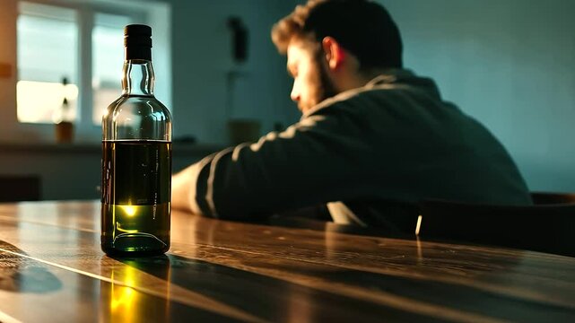 A person stares blankly at a bottle of alcohol on a table, with shadows encroaching from all sides, symbolizing the consuming nature of addiction