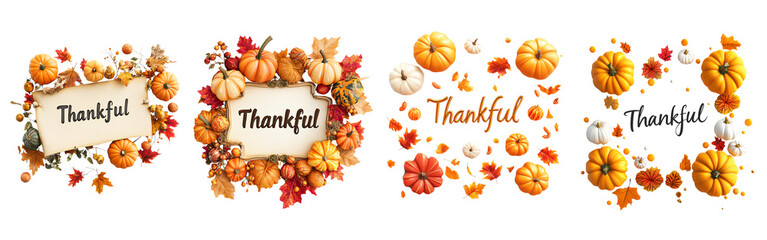 Vibrant 3D Thanksgiving Banner with "Thankful" Surrounded by Mini Pumpkins and Autumn Decorations on Transparent Background