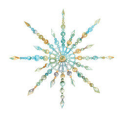 Jeweled snowflake. Beautiful Christmas tree decoration with blue, green and crystals and beads