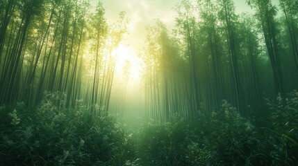 Obraz premium tranquil bamboo forest bathed in soft morning light with mist swirling around the tall green stalks creating a serene and peaceful atmosphere immersed in nature