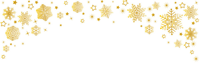 Snowflake seamless border. Golden glitter background with falling glitter confetti and  snowflakes. Luxury sparkling confetti.  Falling gold glitter.  Dust golden sparks. Christmas background.