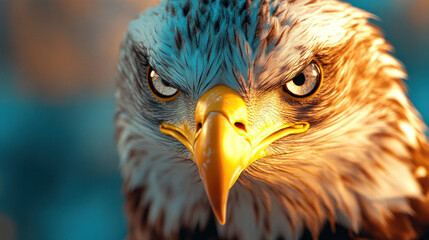 Naklejka premium A fierce American eagle soaring over snow-capped mountains, its sharp eyes scanning the landscape below