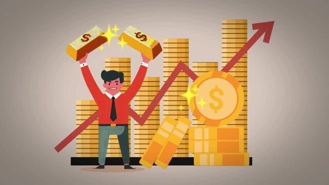 Smart businessman celebrates success with charts and stacks of gold while holding gold bars