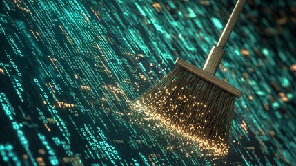 Broom Sweeping Up Digital Data and Binary Code. AI generated illustration