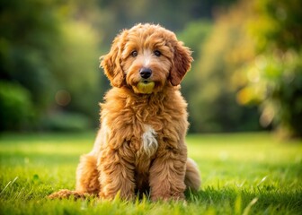Fototapeta premium Adorable Brown Golden Doodle Puppy Sitting on Grass with a Playful Expression and Fluffy Fur