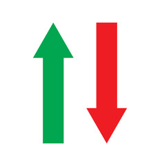 Simple up and down arrows. Upward, downward arrows in green and red. Up and Down sign with green and red arrows vector illustration. Concept of sales bar chart symbol icon with arrow moving down and 