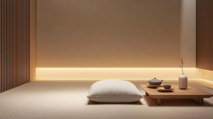 A tranquil zen space with a single floor cushion and a simple tea set on a low wooden table, surrounded by neutral walls and soft ambient lighting
