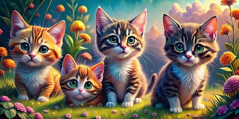 Adorable Cartoon Cat Illustrations Featuring Playful Kittens in Various Cute and Colorful Designs