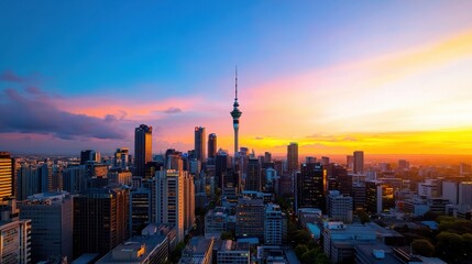 Obraz premium Urban Sunset: City Skyline at Golden Hour