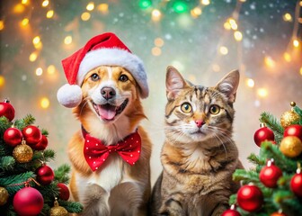 Adorable Cat and Dog Celebrating Christmas Together with Festive Decorations and Holiday Cheer