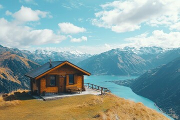 Fototapeta premium Wooden Cabin Perched on Mountainside Overlooking a Lake and Snowy Peaks