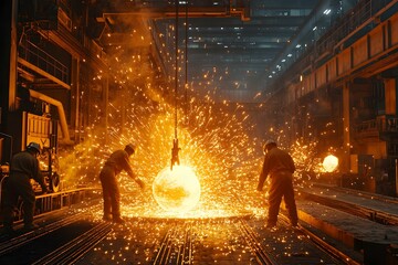 Workers pouring molten metal in an industrial foundry at night